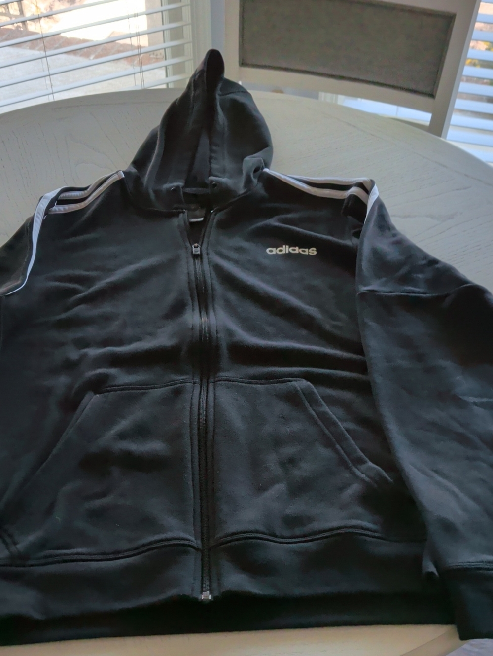 adidas Black Hooded Zip-Up Jacket with White Shoulder Stripes